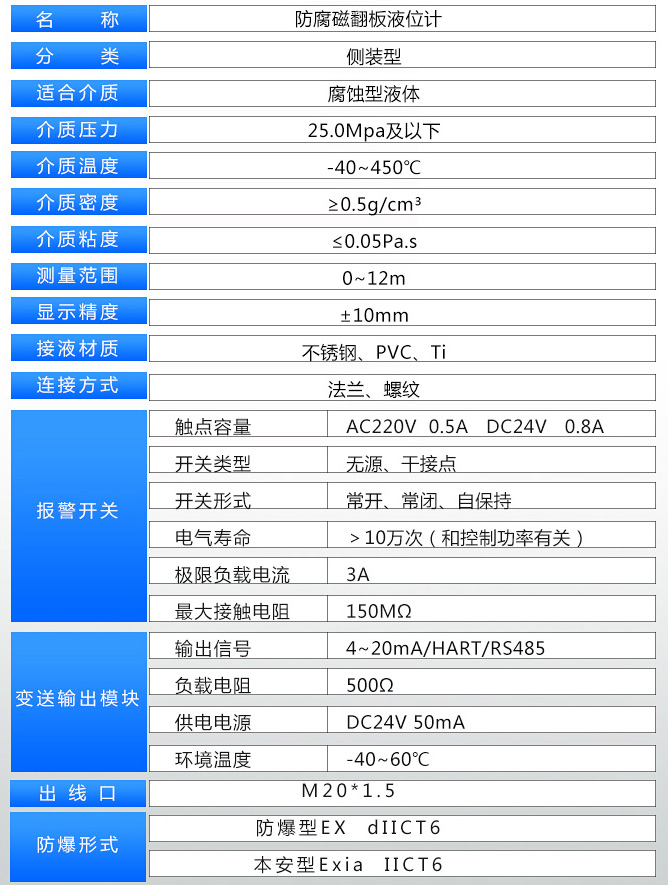 防腐式磁翻板液位計技術參數表