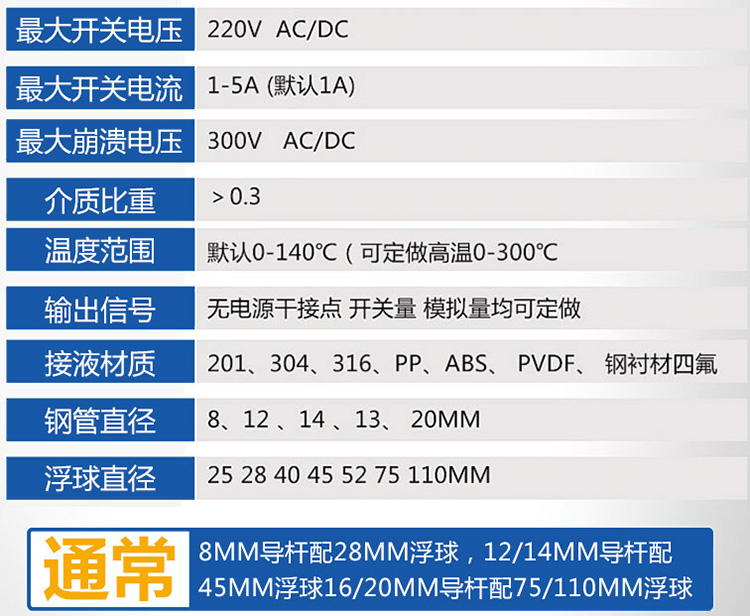 投入式浮球液位計(jì)技術(shù)參數(shù)對(duì)照表